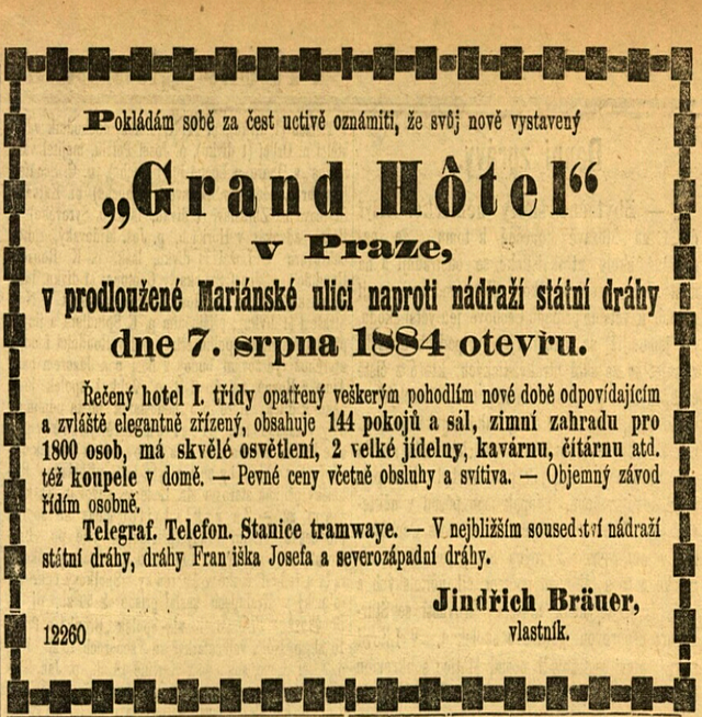 Inzerát k otevření hotelu v Mariánské ulici v roce 1884.
